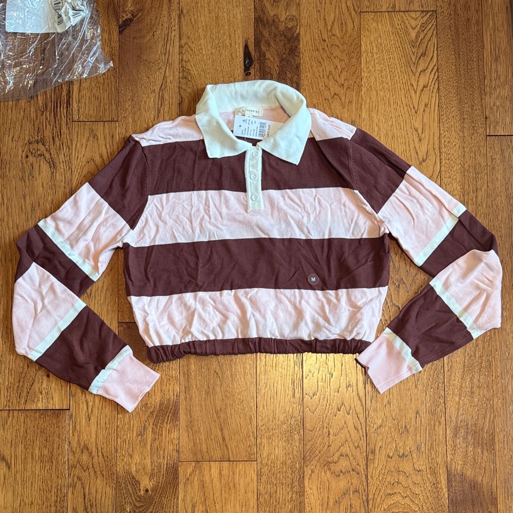 PAC SUN La Hearts Striped Rugby Polo Crop in Pink and brown size medium